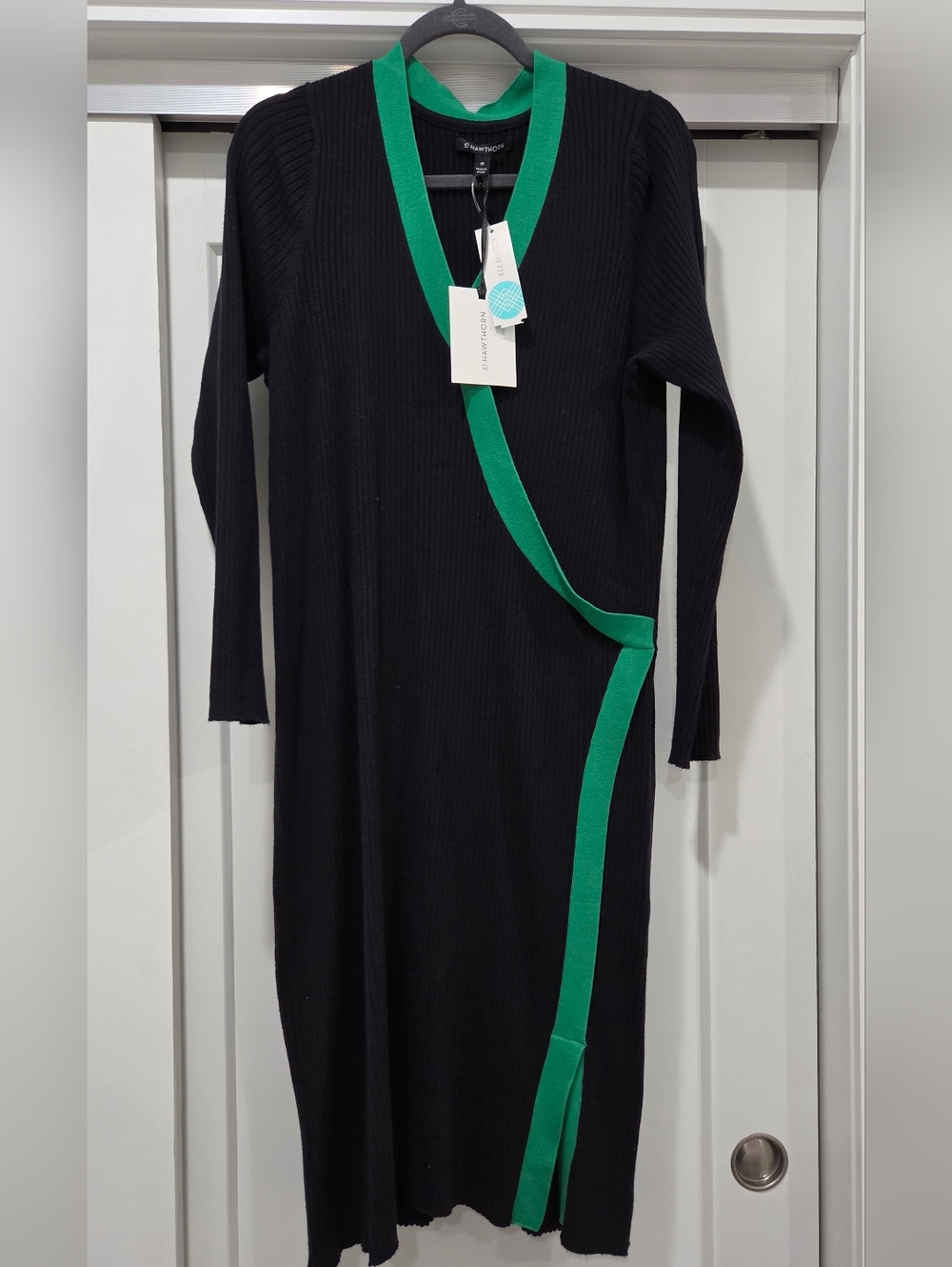 41 Hawthorn Black Ribbed Long Sleeve Dress with Green Trim
